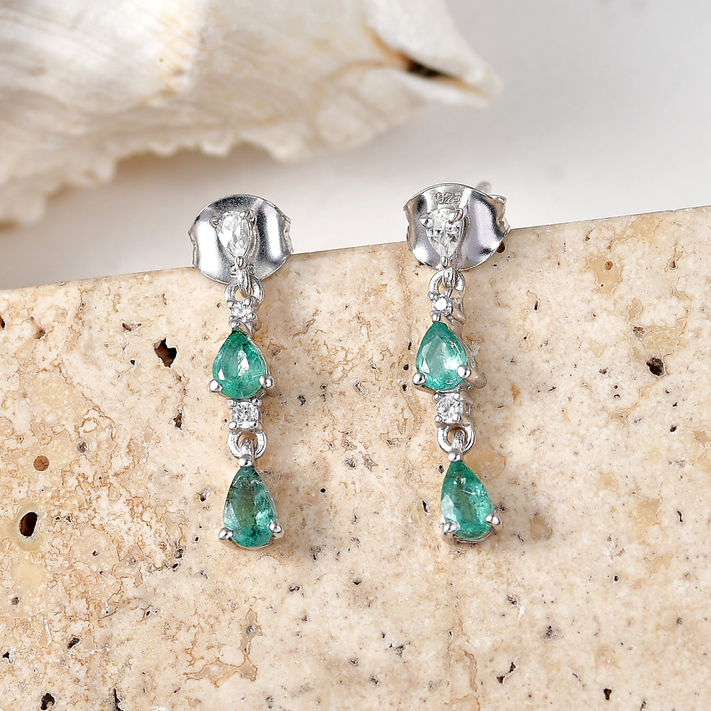D'Joy - AAA Gemfields Zambian Emerald & White Zircon Dangling Earring with Push Post in Rhodium Overlay Sterling Silver 1.00 Ct._8576527_2