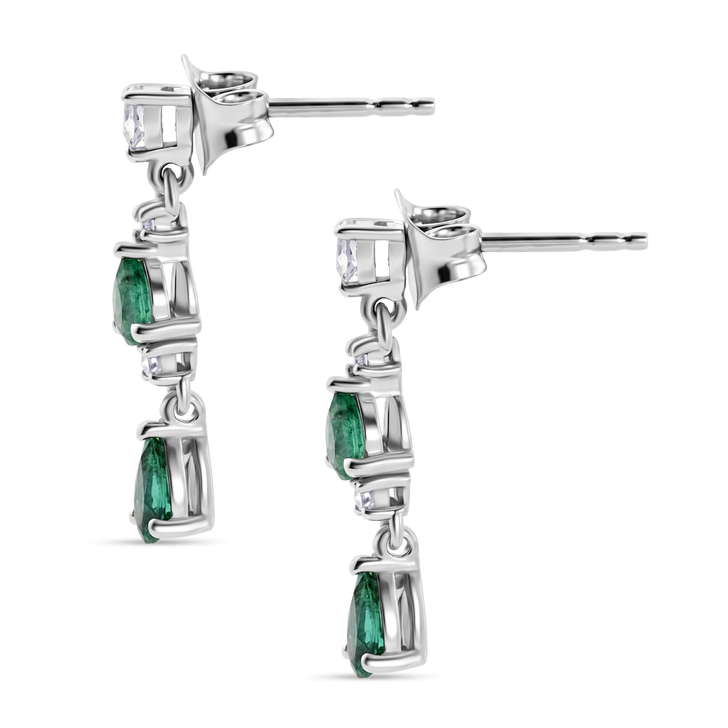 D'Joy - AAA Gemfields Zambian Emerald & White Zircon Dangling Earring with Push Post in Rhodium Overlay Sterling Silver 1.00 Ct._8576527_3