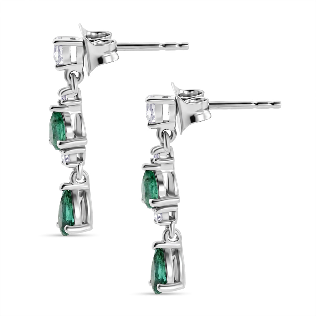 D'Joy - AAA Gemfields Zambian Emerald &amp; White Zircon Dangling Earring with Push Post in Rhodium Overlay Sterling Silver 1.00 Ct. 8576527 4