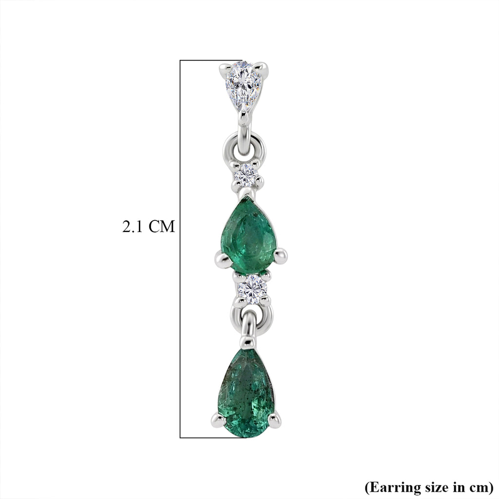 D'Joy - AAA Gemfields Zambian Emerald & White Zircon Dangling Earring with Push Post in Rhodium Overlay Sterling Silver 1.00 Ct._8576527_5