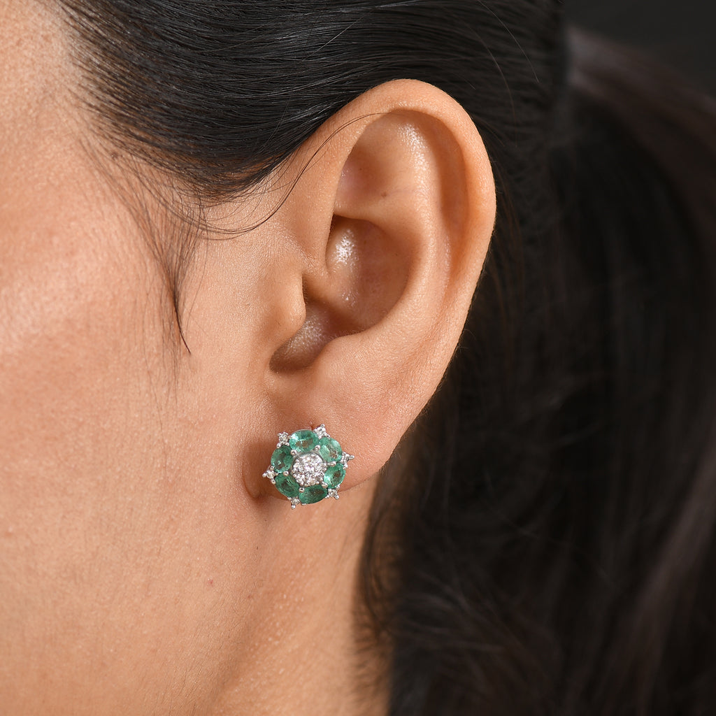 Luxuriant - AAA Zambian Emerald & Lab Grown Diamond (SI/G-H) Cluster Earring with Push Post in Rhodium Overlay Sterling Silver 2.10 Ct._8576528_1