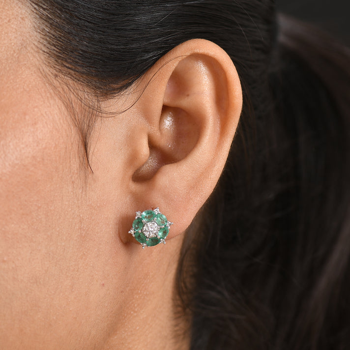 Luxuriant - AAA Zambian Emerald &amp; Lab Grown Diamond (SI-G-H) Cluster Earring with Push Post in Rhodium Overlay Sterling Silver 2.10 Ct. 8576528 2