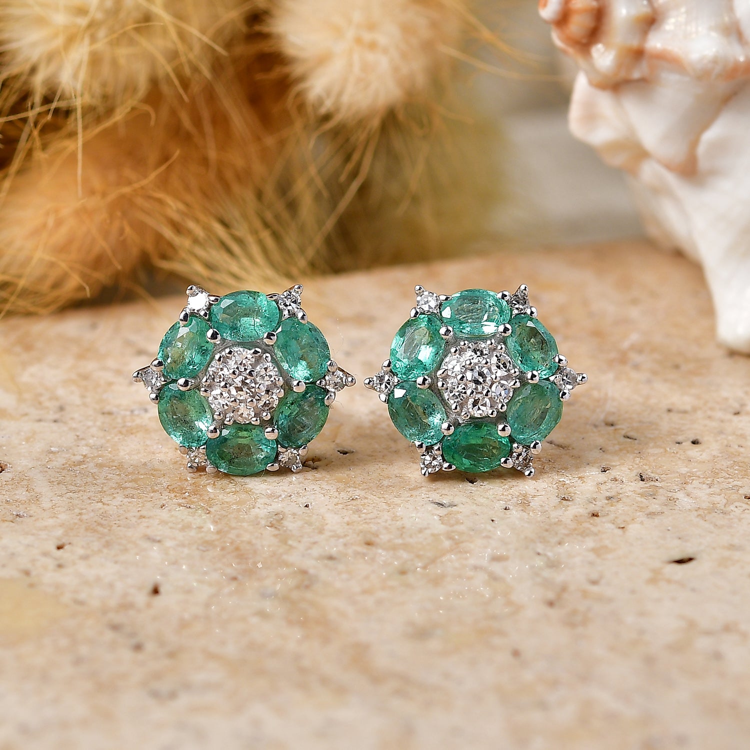 Luxuriant - AAA Zambian Emerald &amp; Lab Grown Diamond (SI-G-H) Cluster Earring with Push Post in Rhodium Overlay Sterling Silver 2.10 Ct. 8576528 3