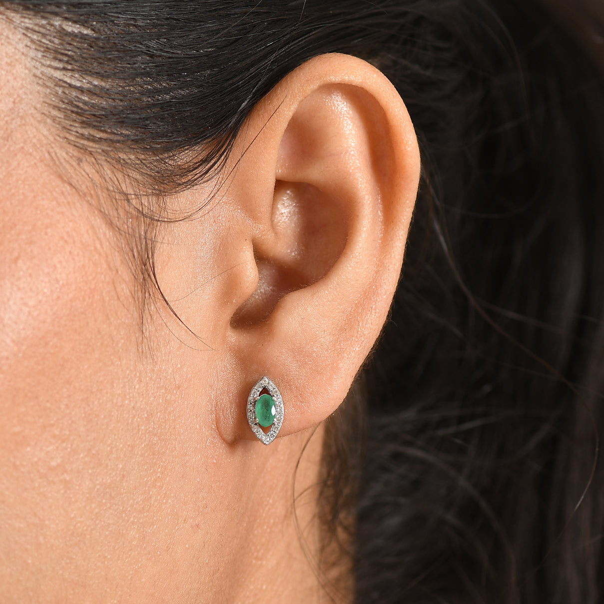 D'Joy - AAA Gemfields Zambian Emerald &amp; White Zircon Stud Push Post Earring in Rhodium Overlay Sterling Silver 8576585 2