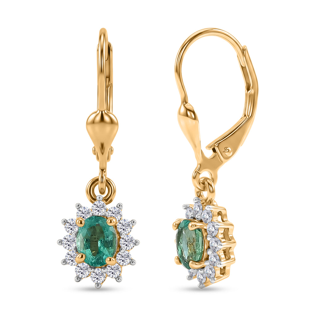 D'Joy - AAA Premium Zambian Emerald & White Zircon Halo Earring with Lever Back in 18K Vermeil Yellow Gold Plated Sterling Silver 1.00 Ct._8576617