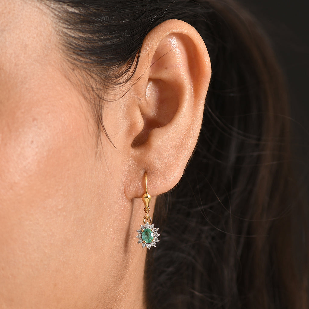 D'Joy - AAA Premium Zambian Emerald & White Zircon Halo Earring with Lever Back in 18K Vermeil Yellow Gold Plated Sterling Silver 1.00 Ct._8576617_1