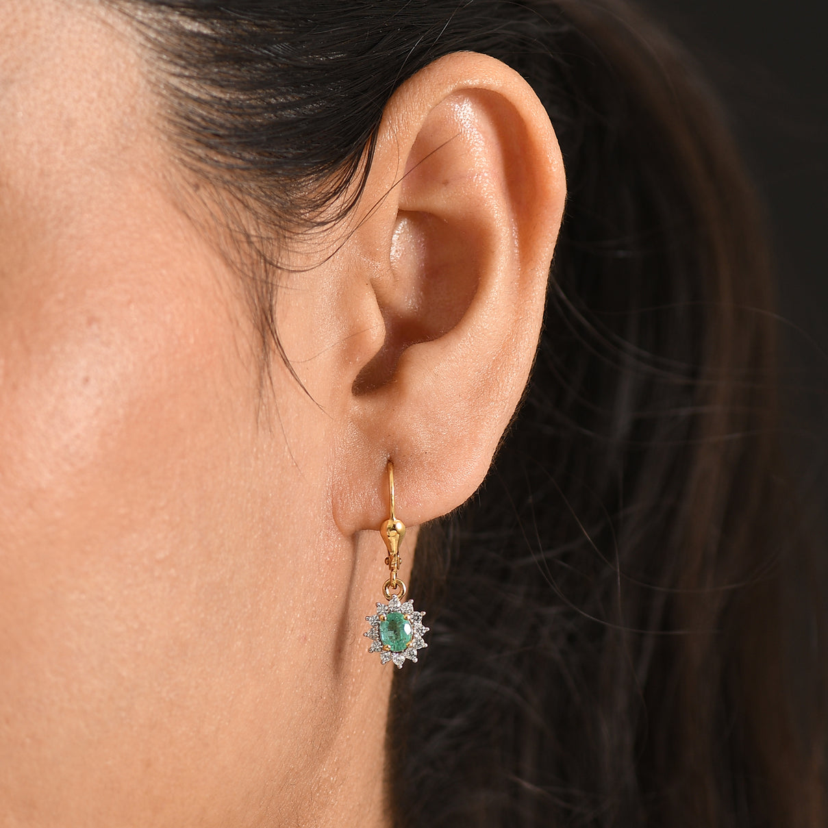 D'Joy - AAA Premium Zambian Emerald &amp; White Zircon Halo Earring with Lever Back in 18K Vermeil Yellow Gold Plated Sterling Silver 1.00 Ct. 8576617 2
