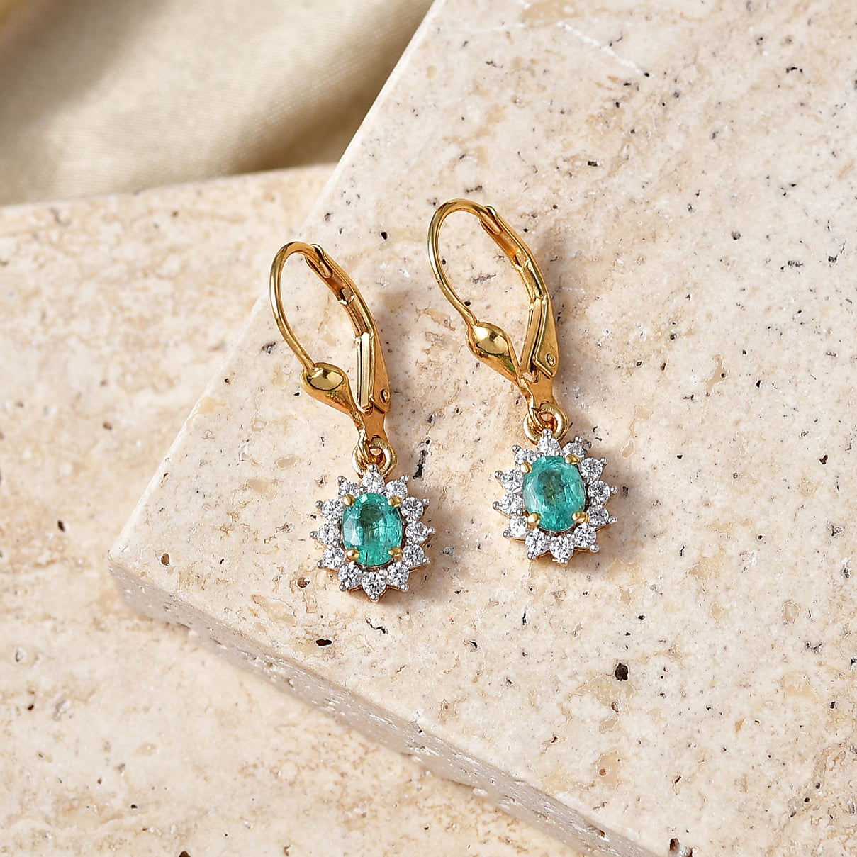 D'Joy - AAA Premium Zambian Emerald &amp; White Zircon Halo Earring with Lever Back in 18K Vermeil Yellow Gold Plated Sterling Silver 1.00 Ct. 8576617 3