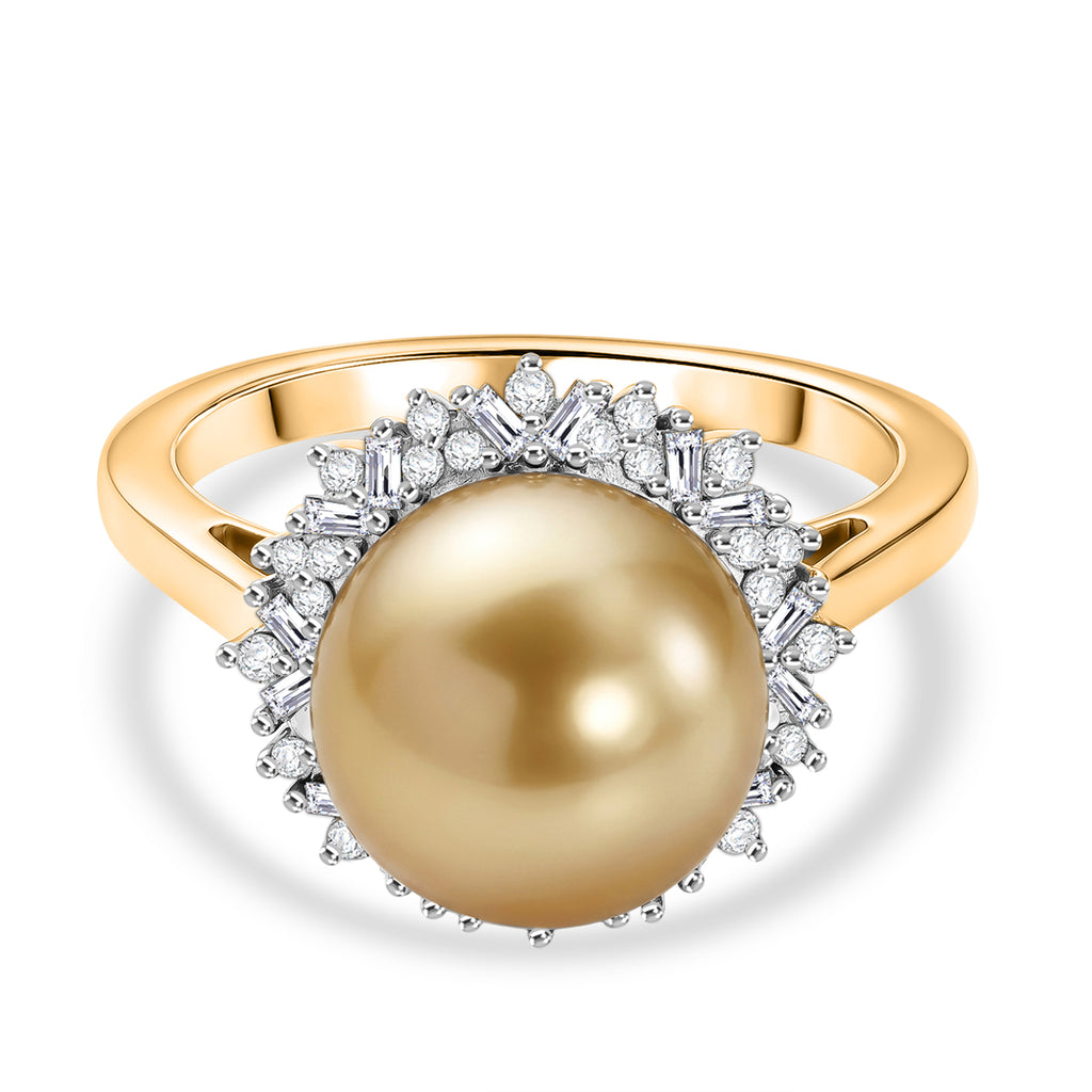 Royal Bali Collection - AAA Golden South Sea Pearl (9-11mm) & Natural White Diamond Halo Ring in 18K Vermeil Yellow Gold Plated Sterling Silver_8576618