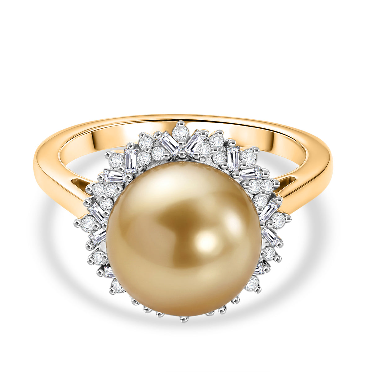 Premium Golden South Sea Pearl (9-11mm) &amp; Natural White Diamond Halo Ring in 18K Vermeil Yellow Gold Plated Sterling Silver 8576618 0