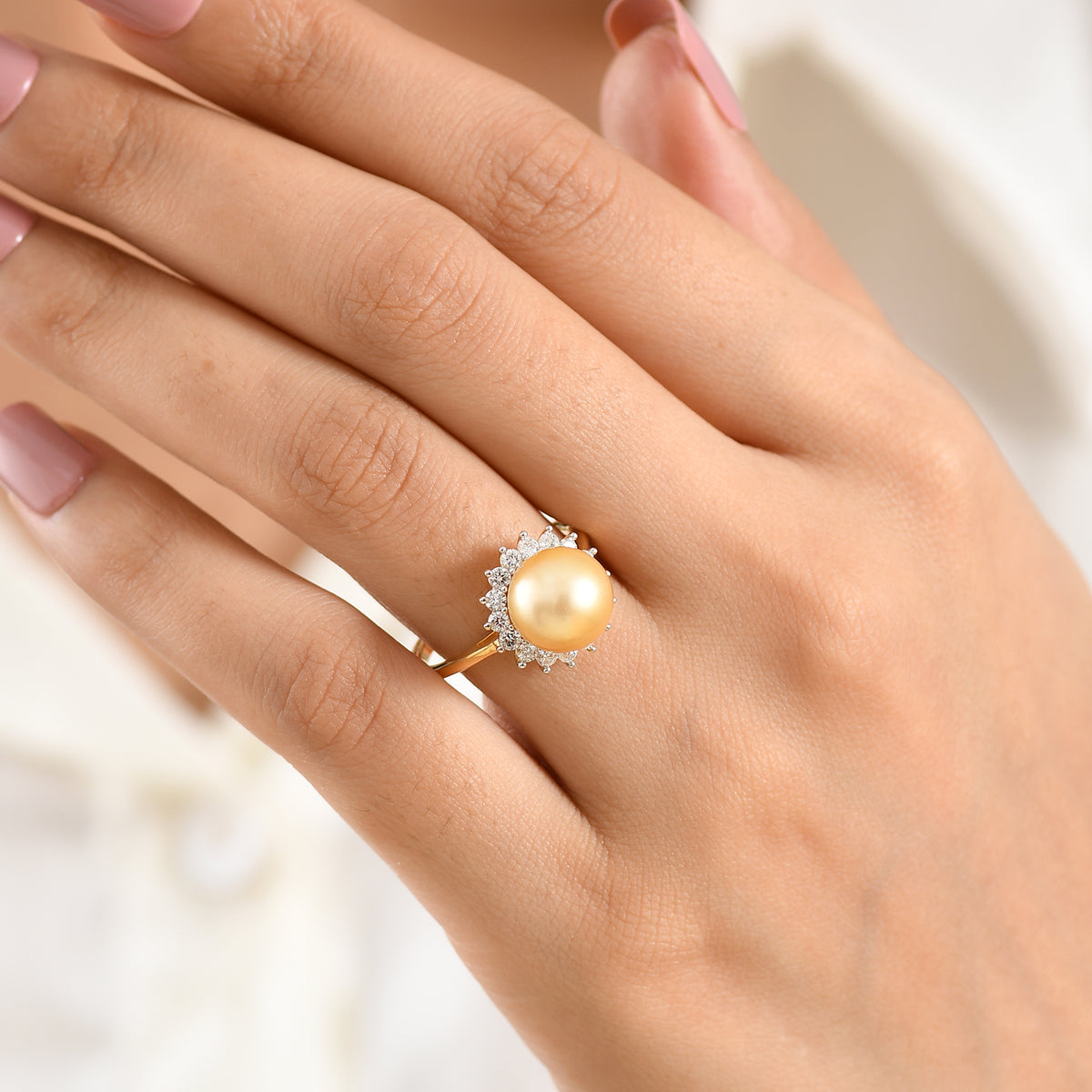 Premium Golden South Sea Pearl (9-11mm) &amp; Natural White Diamond Halo Ring in 18K Vermeil Yellow Gold Plated Sterling Silver 8576618 2