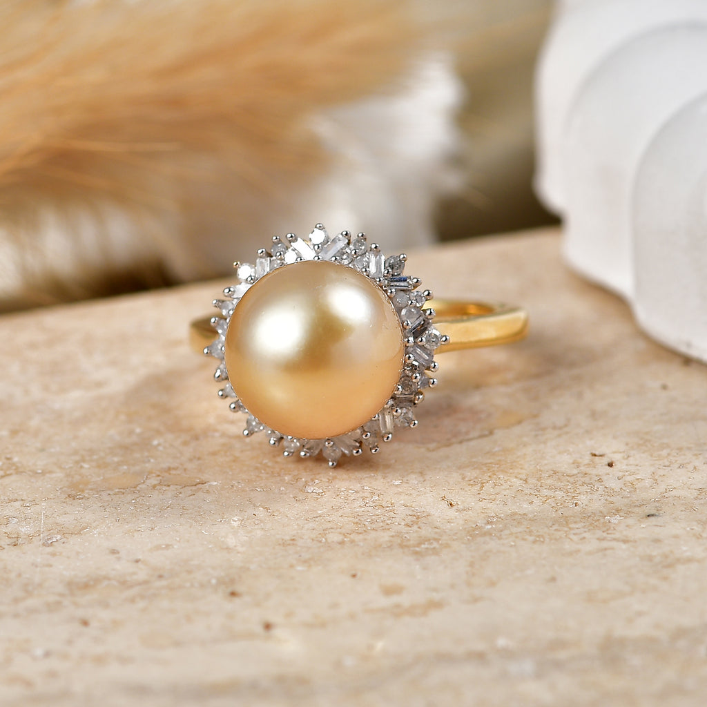 Royal Bali Collection - AAA Golden South Sea Pearl (9-11mm) & Natural White Diamond Halo Ring in 18K Vermeil Yellow Gold Plated Sterling Silver_8576618_2