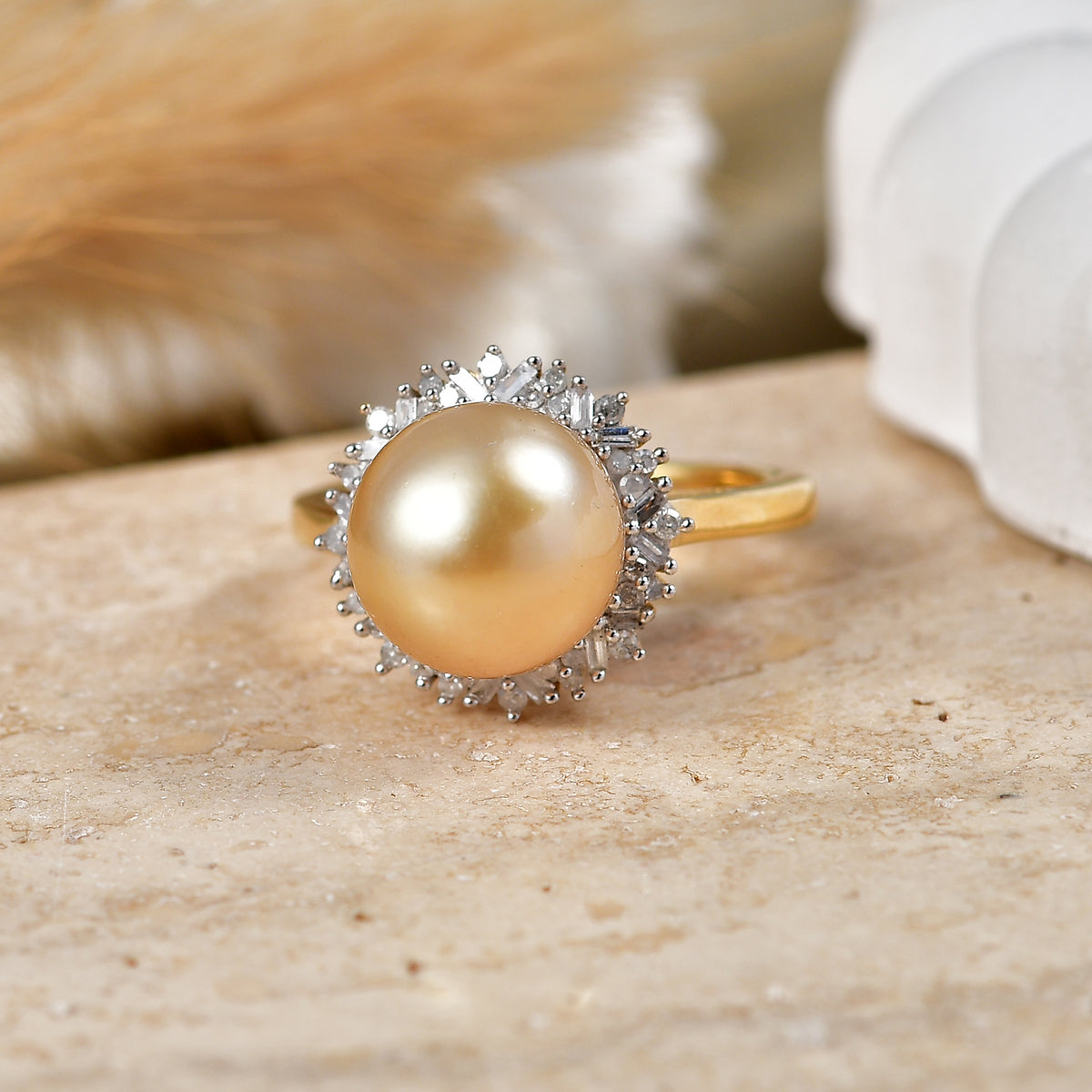 Premium Golden South Sea Pearl (9-11mm) &amp; Natural White Diamond Halo Ring in 18K Vermeil Yellow Gold Plated Sterling Silver 8576618 3