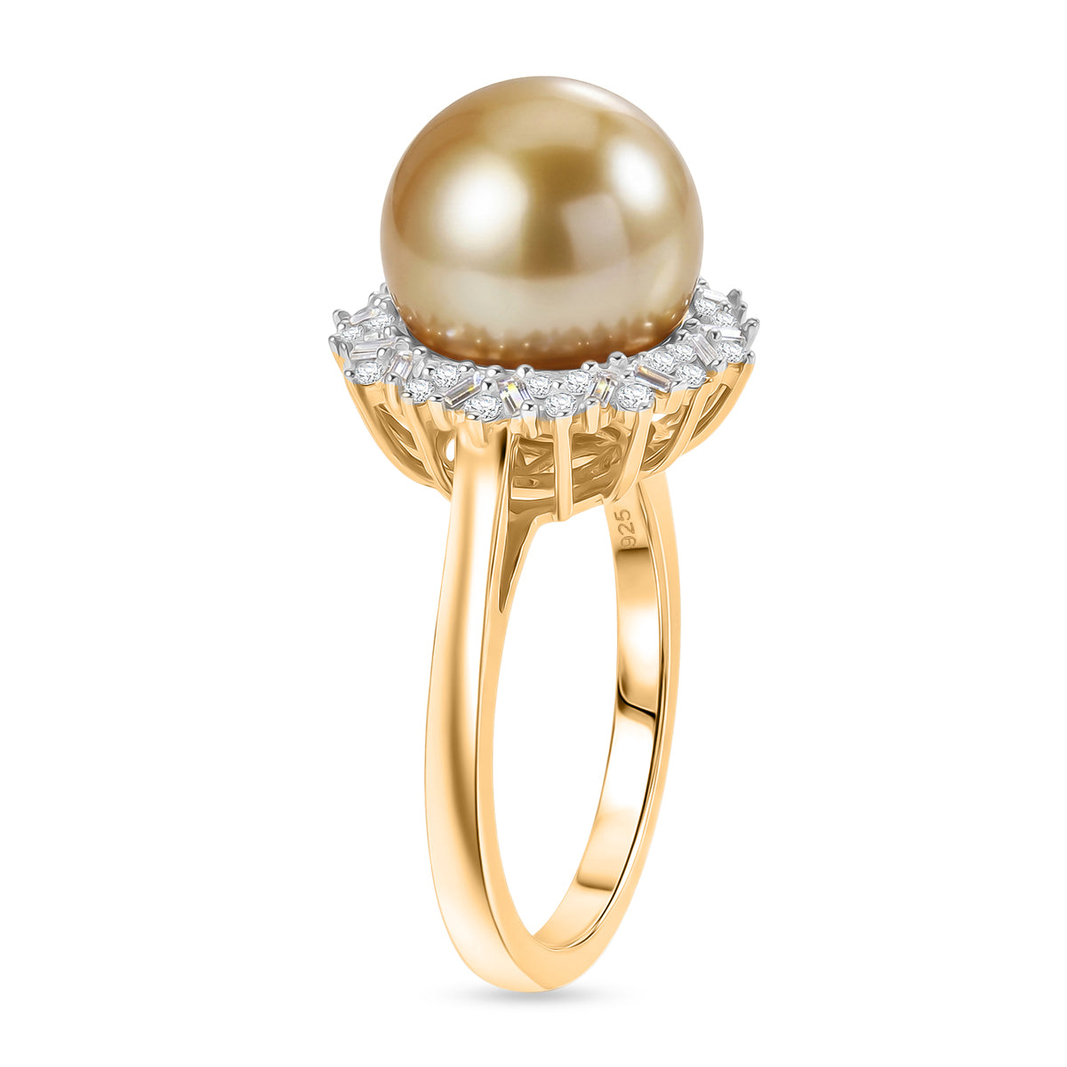 Premium Golden South Sea Pearl (9-11mm) &amp; Natural White Diamond Halo Ring in 18K Vermeil Yellow Gold Plated Sterling Silver 8576618 4
