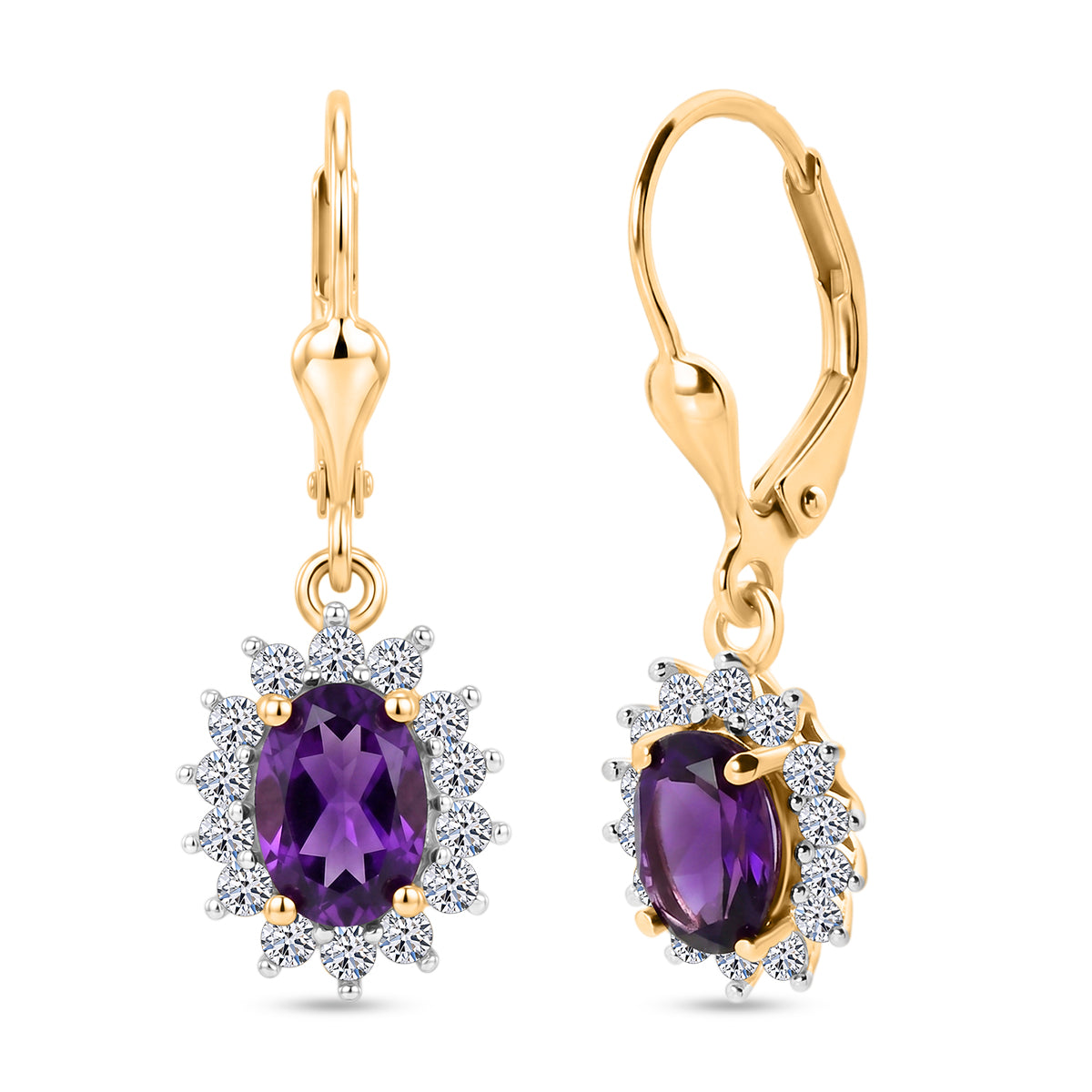 Luxuriant - AAA Zambian Amethyst &amp; Lab Grown Diamond (SI-G-H) Halo Earring with Lever Back in 18K Vermeil Yellow Gold Plated Sterling Silver 2.00 Ct. 8576662 0