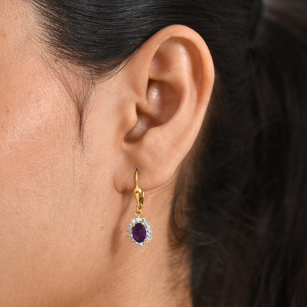 Luxuriant - AAA Zambian Amethyst & Lab Grown Diamond (SI/G-H) Halo Earring with Lever Back in 18K Vermeil Yellow Gold Plated Sterling Silver 2.00 Ct._8576662_1