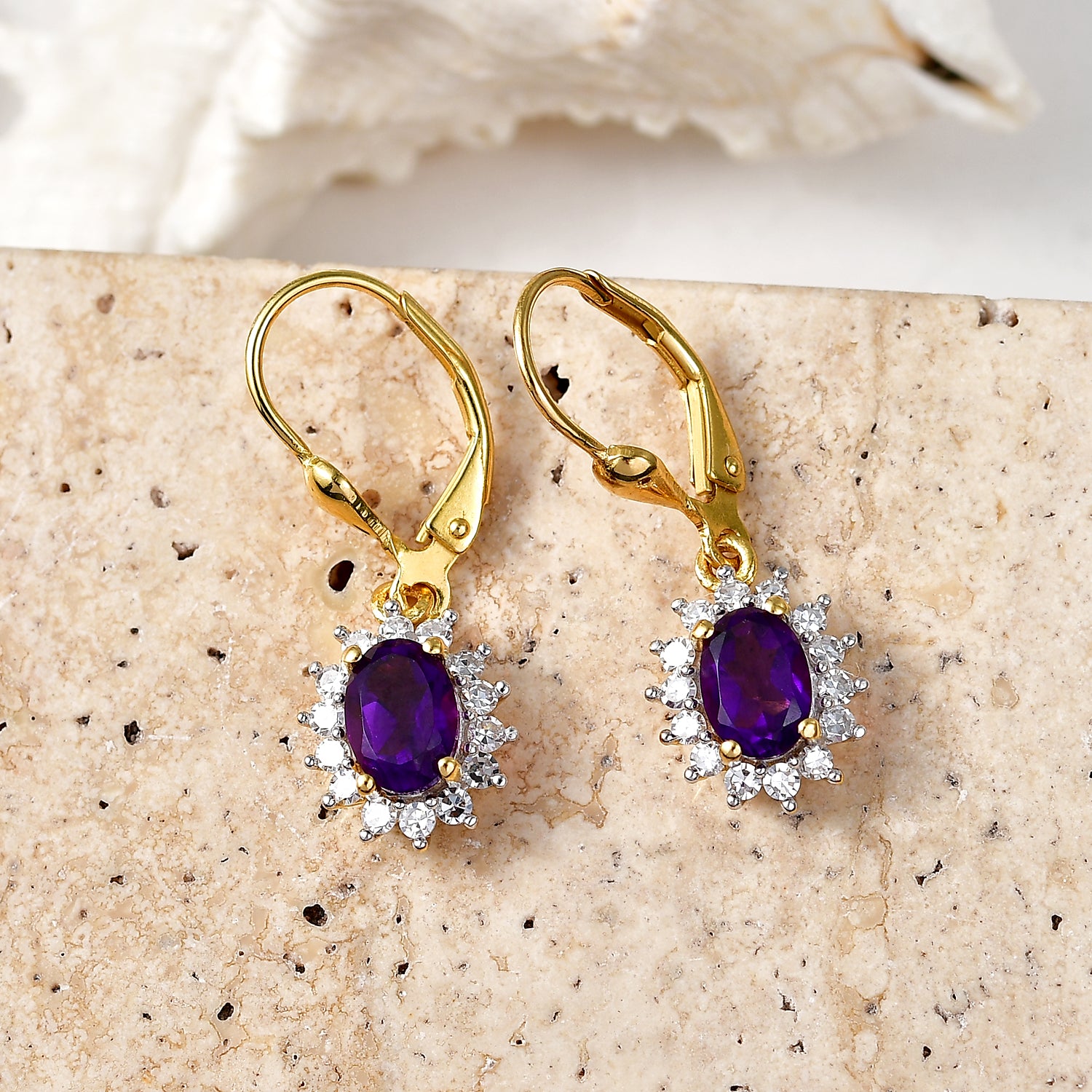 Luxuriant - AAA Zambian Amethyst &amp; Lab Grown Diamond (SI-G-H) Halo Earring with Lever Back in 18K Vermeil Yellow Gold Plated Sterling Silver 2.00 Ct. 8576662 3