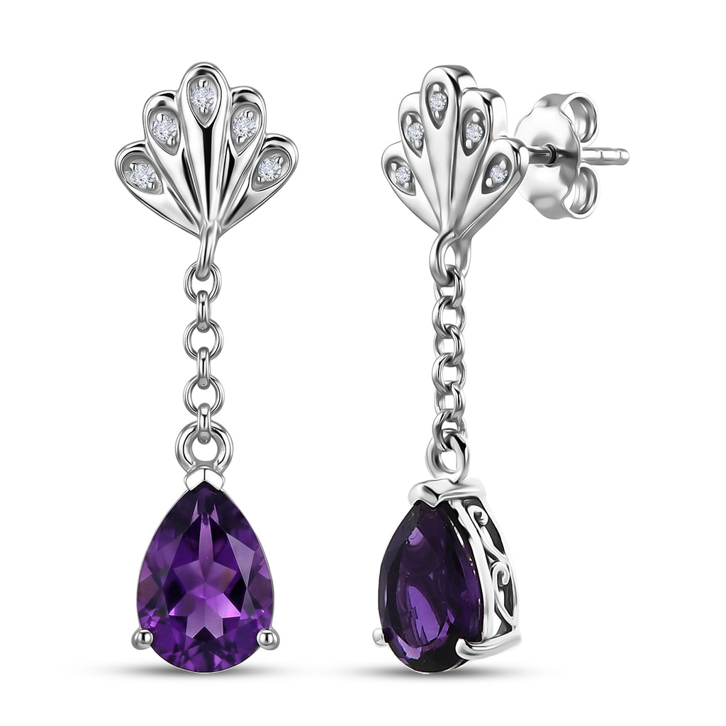 D'Joy - AAA Zambian Amethyst & White Zircon Dangle Earring with Push Post in Rhodium Overlay Sterling Silver 2.50 Ct._8576663