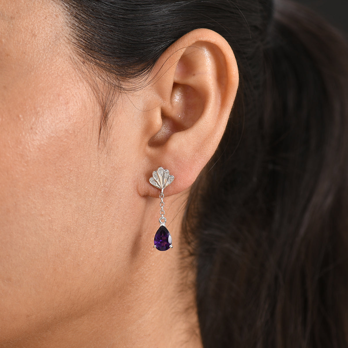 D'Joy - AAA Zambian Amethyst &amp; White Zircon Dangle Earring with Push Post in Rhodium Overlay Sterling Silver 2.50 Ct. V32576422 2