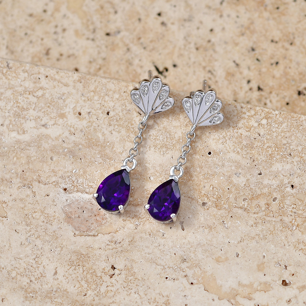 D'Joy - AAA Zambian Amethyst &amp; White Zircon Dangle Earring with Push Post in Rhodium Overlay Sterling Silver 2.50 Ct. V32576422 3
