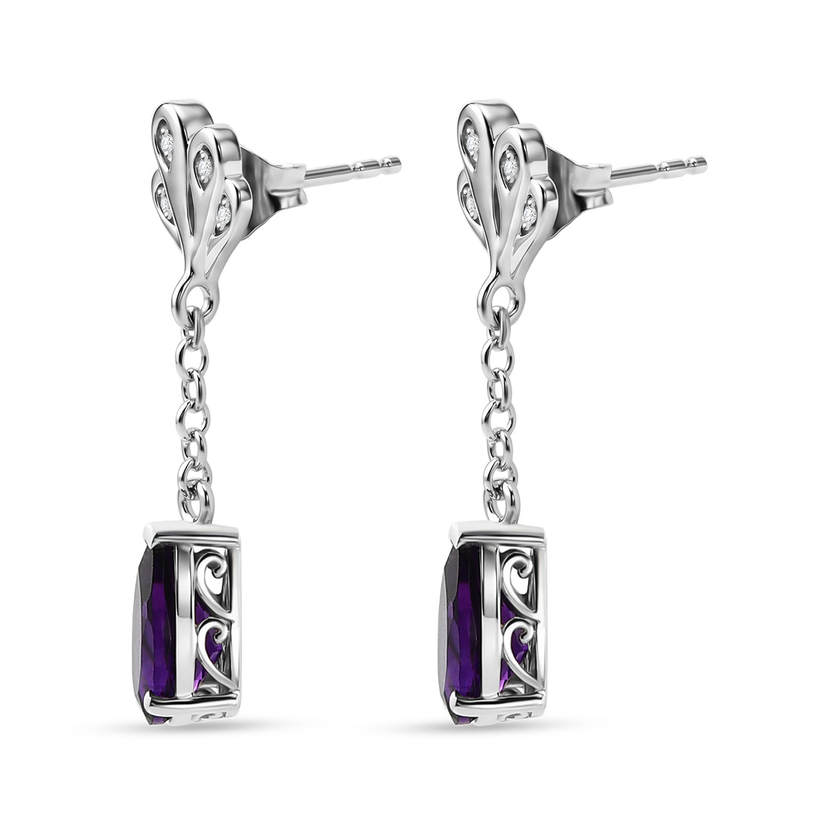 D'Joy - AAA Zambian Amethyst &amp; White Zircon Dangle Earring with Push Post in Rhodium Overlay Sterling Silver 2.50 Ct. V32576422 4
