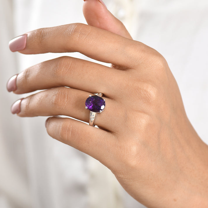 D'Joy - AAA Zambian Amethyst &amp; Natural White Diamond Solitaire Ring in Rhodium Overlay Sterling Silver 4.36 Ct. 8576690 2