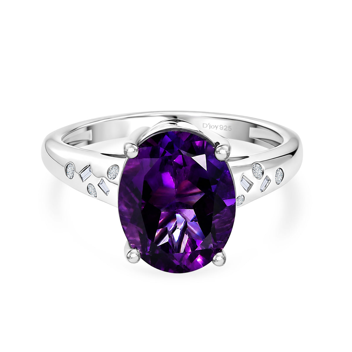 D'Joy - AAA Zambian Amethyst &amp; Natural White Diamond Solitaire Ring in Rhodium Overlay Sterling Silver 4.36 Ct. V32532641 0