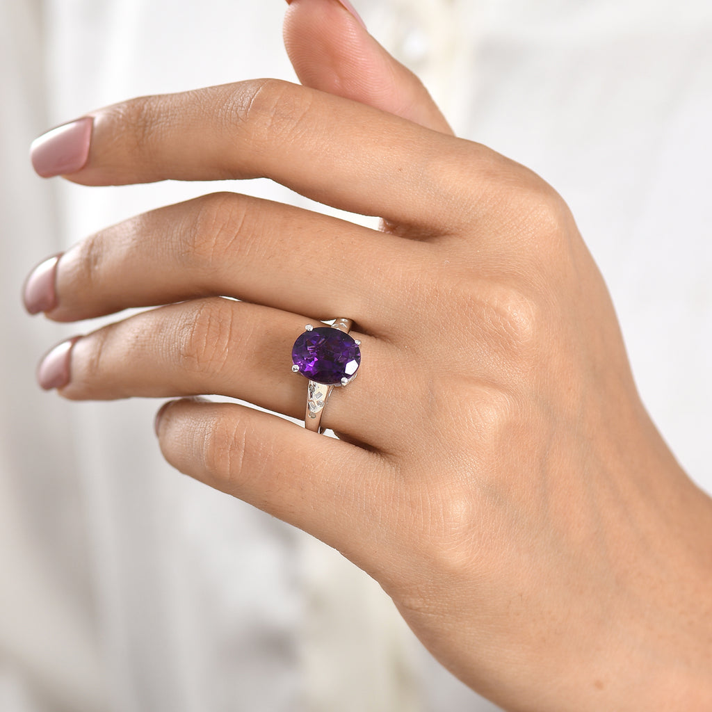 D'Joy - AAA Zambian Amethyst & Natural White Diamond Solitaire Ring in Rhodium Overlay Sterling Silver 4.36 Ct._8576691_1