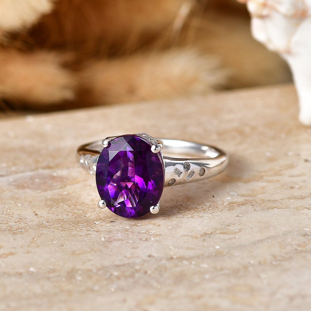 D'Joy - AAA Zambian Amethyst &amp; Natural White Diamond Solitaire Ring in Rhodium Overlay Sterling Silver 4.36 Ct. V32532641 3