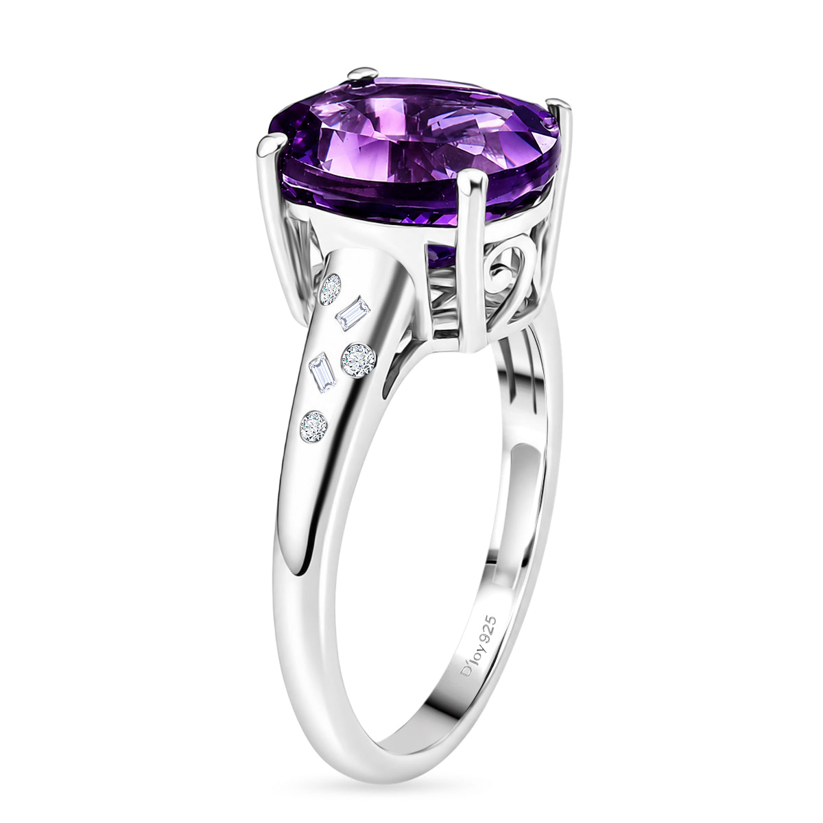 D'Joy - AAA Zambian Amethyst &amp; Natural White Diamond Solitaire Ring in Rhodium Overlay Sterling Silver 4.36 Ct. V32532641 4