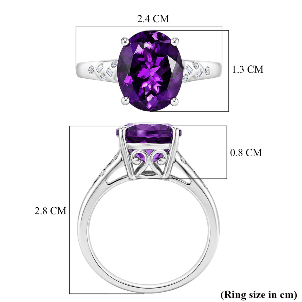 D'Joy - AAA Zambian Amethyst & Natural White Diamond Solitaire Ring in Rhodium Overlay Sterling Silver 4.36 Ct._8576691_5