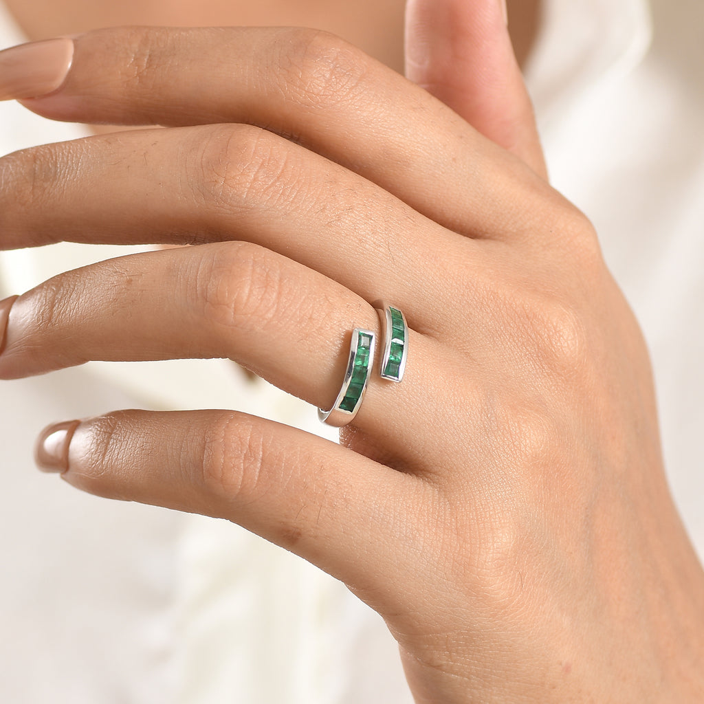 D'Joy - AAA Zambian Emerald Adjustable Bypass Ring in Rhodium Overlay Sterling Silver_8576699_1