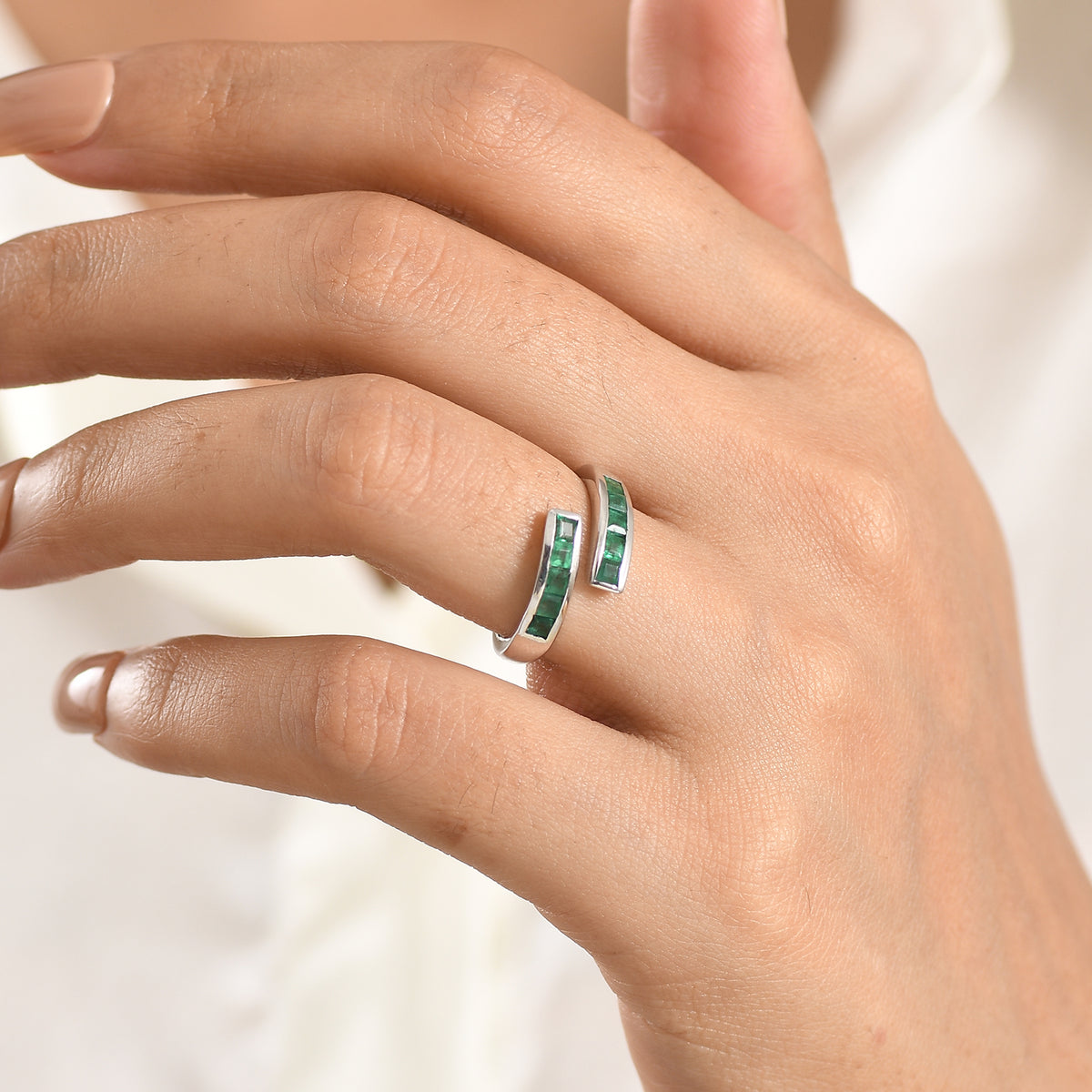 D'Joy - AAA Zambian Emerald Adjustable Bypass Ring in Rhodium Overlay Sterling Silver V32523138 2