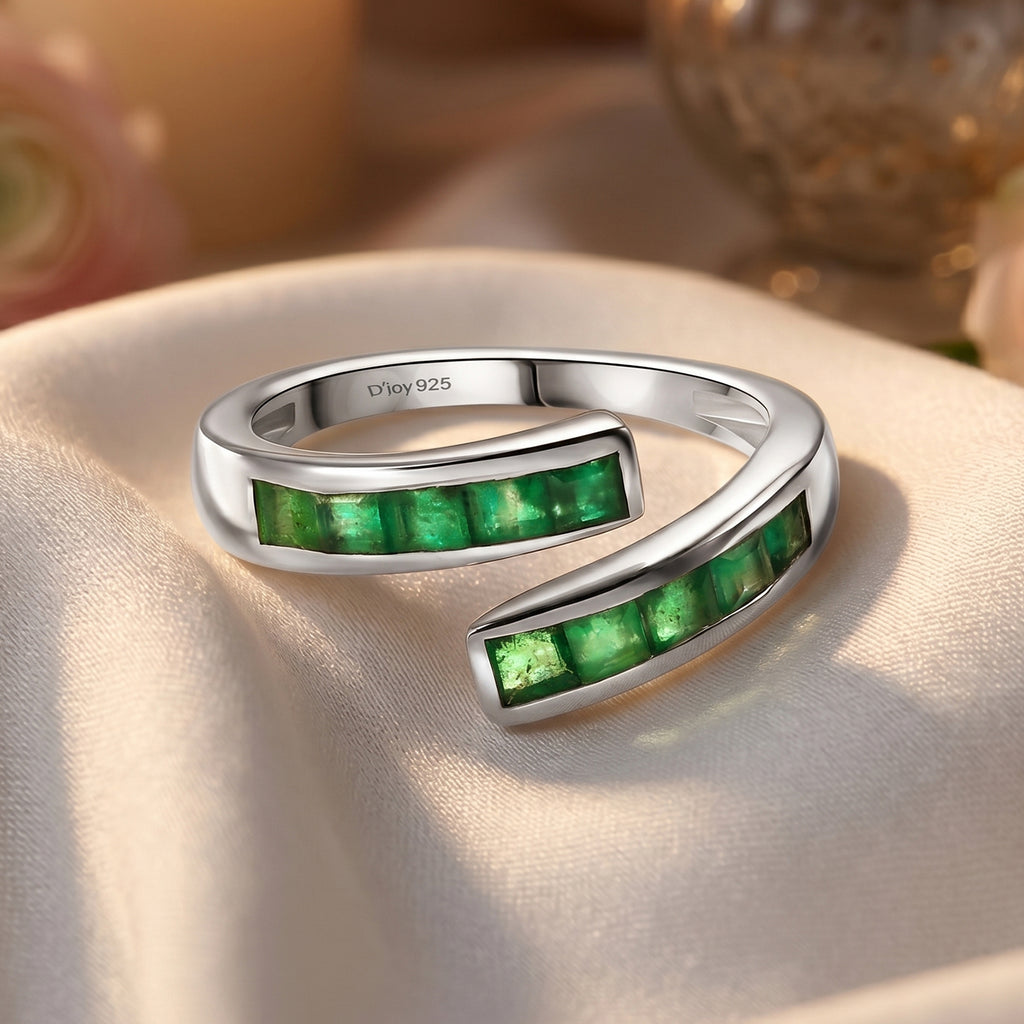 D'Joy - AAA Zambian Emerald Adjustable Bypass Ring in Rhodium Overlay Sterling Silver_8576699_2