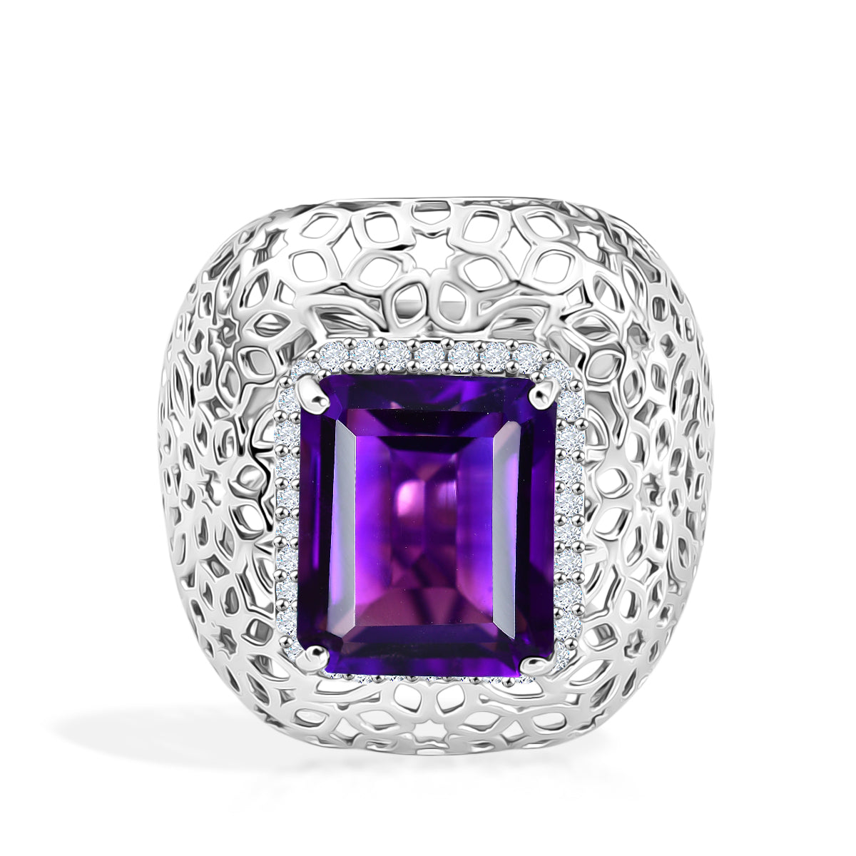 D'Joy - AAA Zambian Amethyst &amp; White Zircon Filigree Ring in Rhodium Overlay Sterling Silver 6.24 Ct. V32603544 0