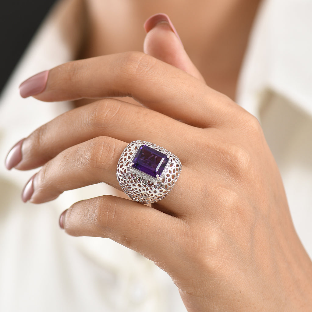 D'Joy - AAA Zambian Amethyst & White Zircon Filigree Ring in Rhodium Overlay Sterling Silver 6.24 Ct._8576715_1