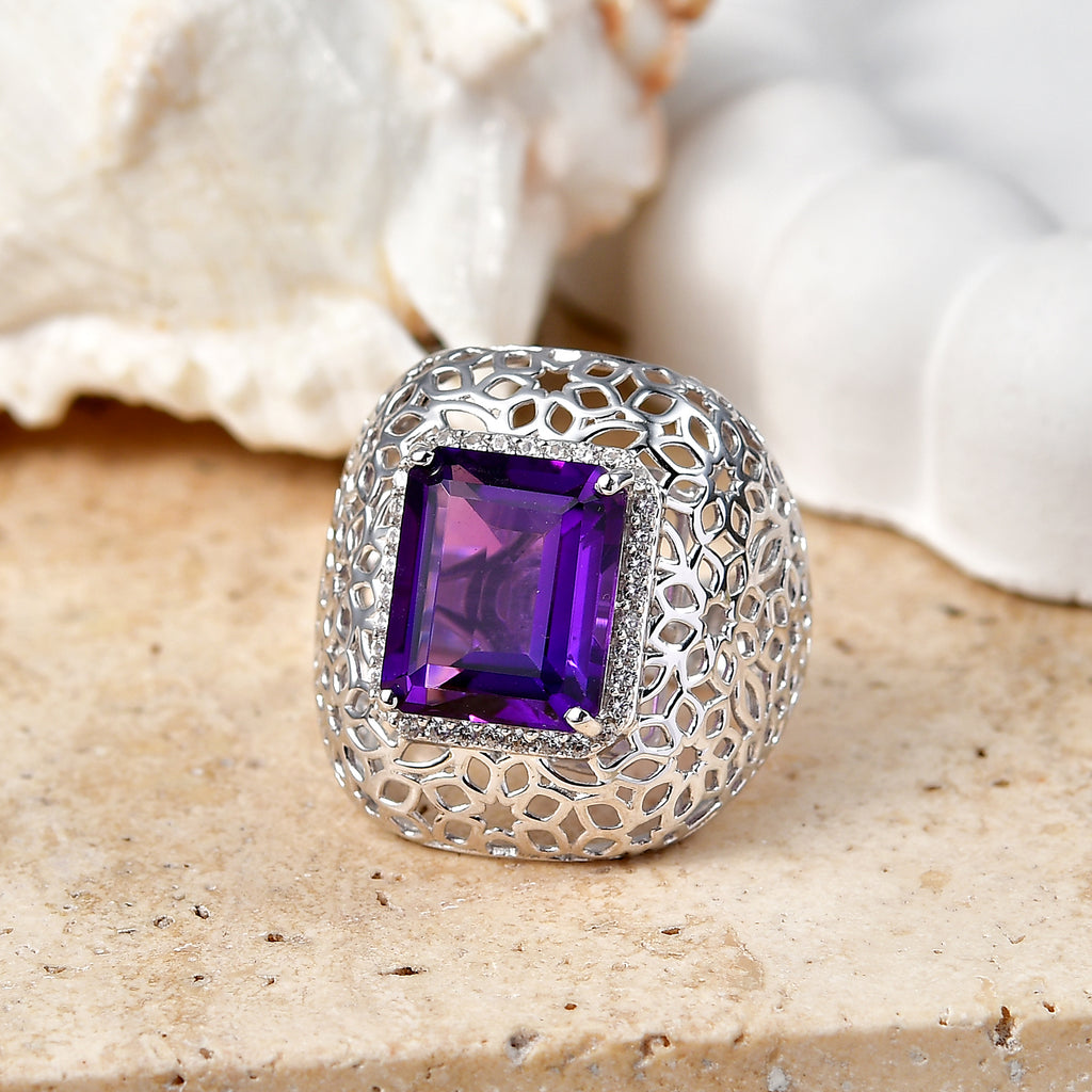 D'Joy - AAA Zambian Amethyst & White Zircon Filigree Ring in Rhodium Overlay Sterling Silver 6.24 Ct._8576715_2