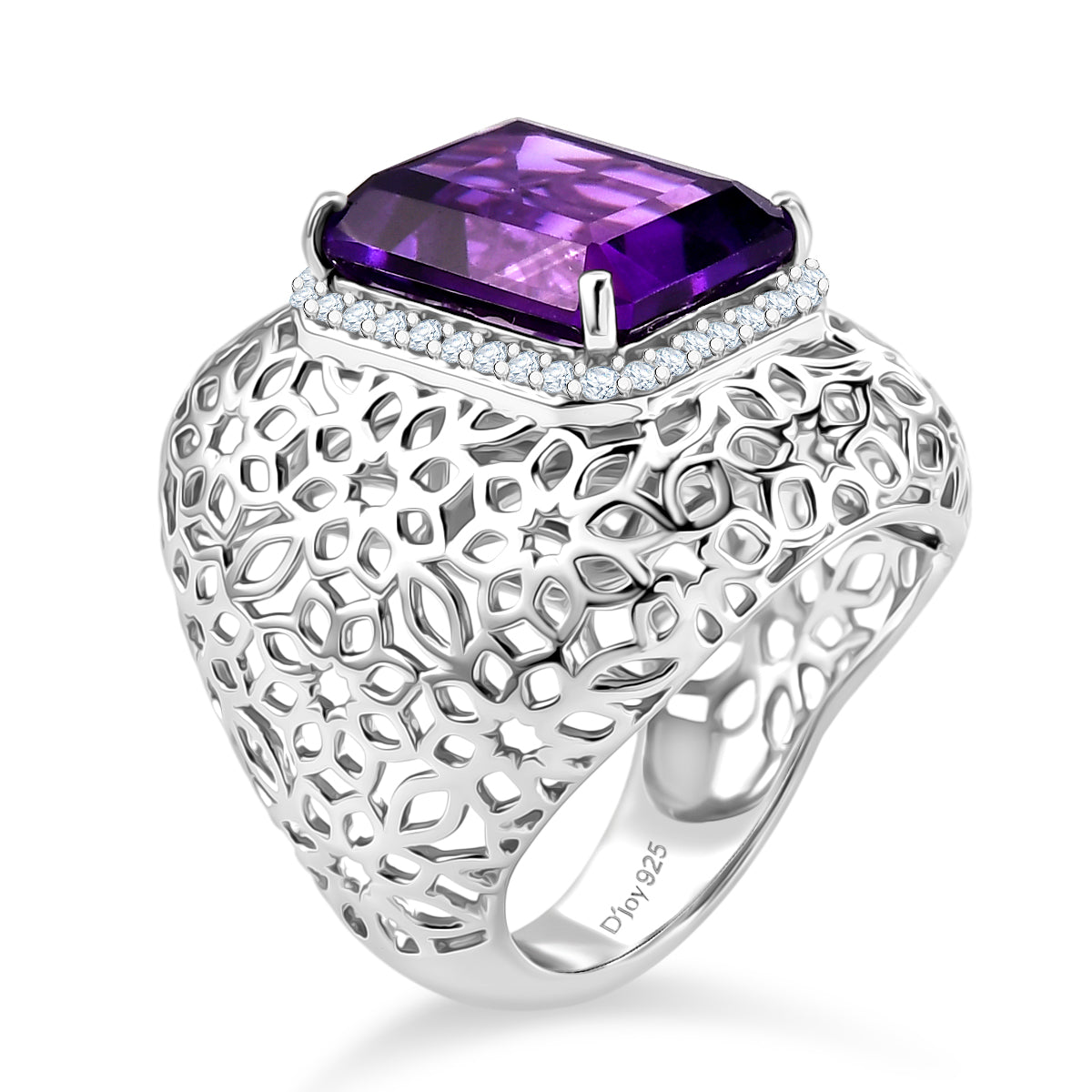 D'Joy - AAA Zambian Amethyst &amp; White Zircon Filigree Ring in Rhodium Overlay Sterling Silver 6.24 Ct. V32603544 4