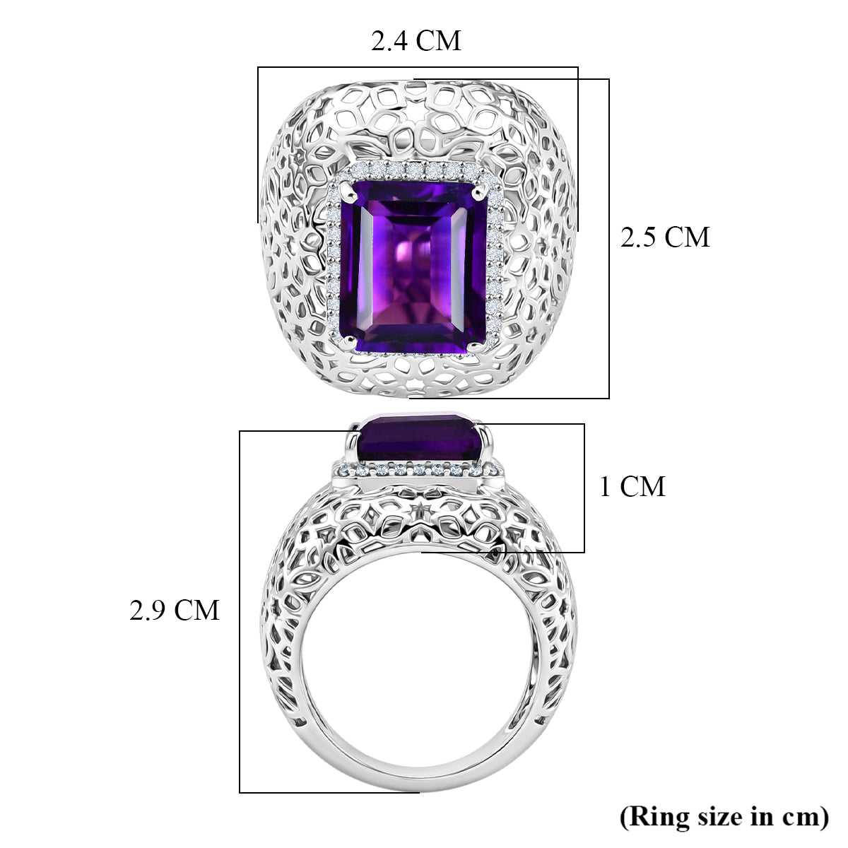 D'Joy - AAA Zambian Amethyst &amp; White Zircon Filigree Ring in Rhodium Overlay Sterling Silver 6.24 Ct. V32603544 6