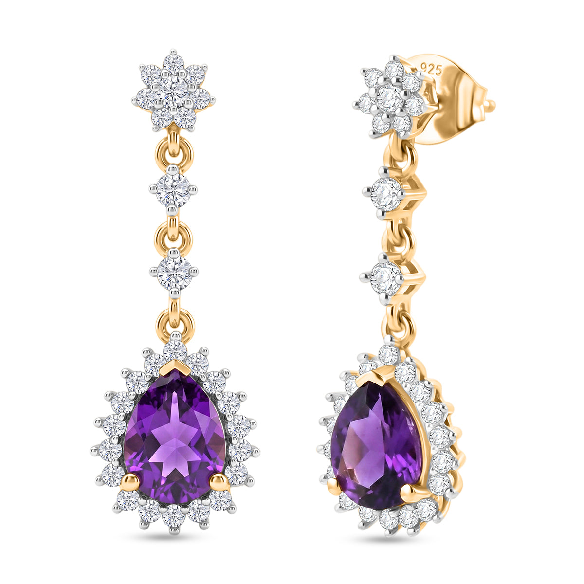 D'Joy - AAA Zambian Amethyst &amp; White Zircon Dangling Halo Earring with Push Post in Yellow Gold Plated Sterling Silver 2.90 Ct. 8576764 0