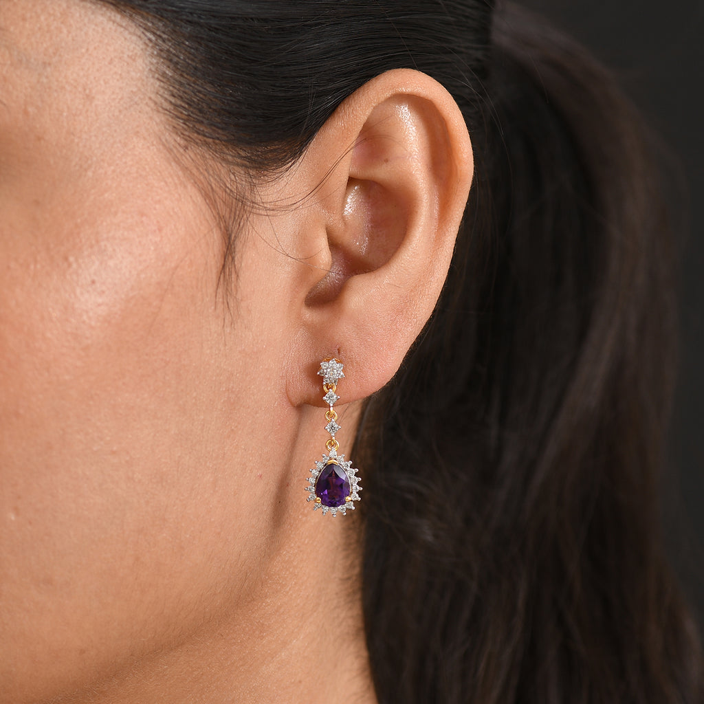 D'Joy - AAA Zambian Amethyst & White Zircon Dangling Halo Earring with Push Post in Yellow Gold Plated Sterling Silver 2.90 Ct._8576764_1