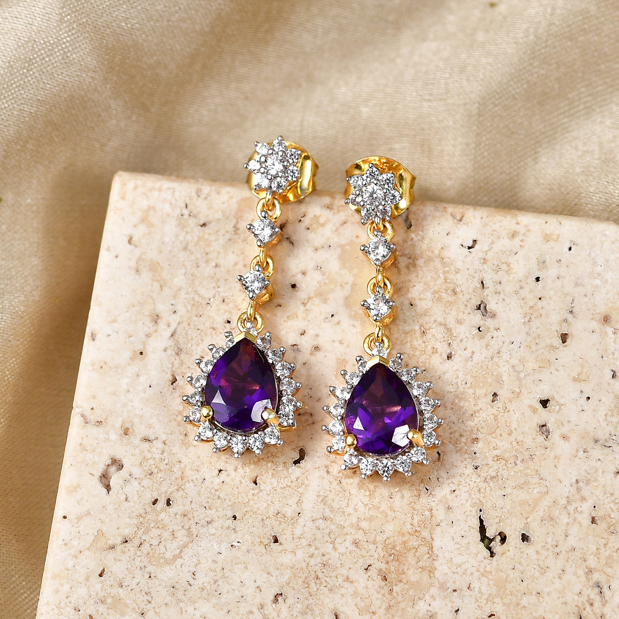 D'Joy - AAA Zambian Amethyst &amp; White Zircon Dangling Halo Earring with Push Post in Yellow Gold Plated Sterling Silver 2.90 Ct. 8576764 3