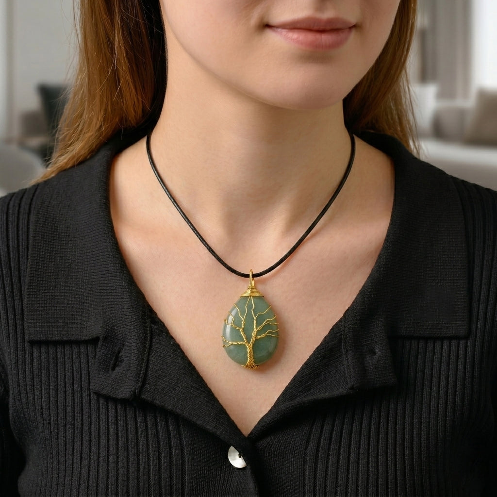 Green Aventurine Tree of Life Adjustable Drop Necklace (Size - 17.5+2 Ext) 45.00 Ct. V32534650 3