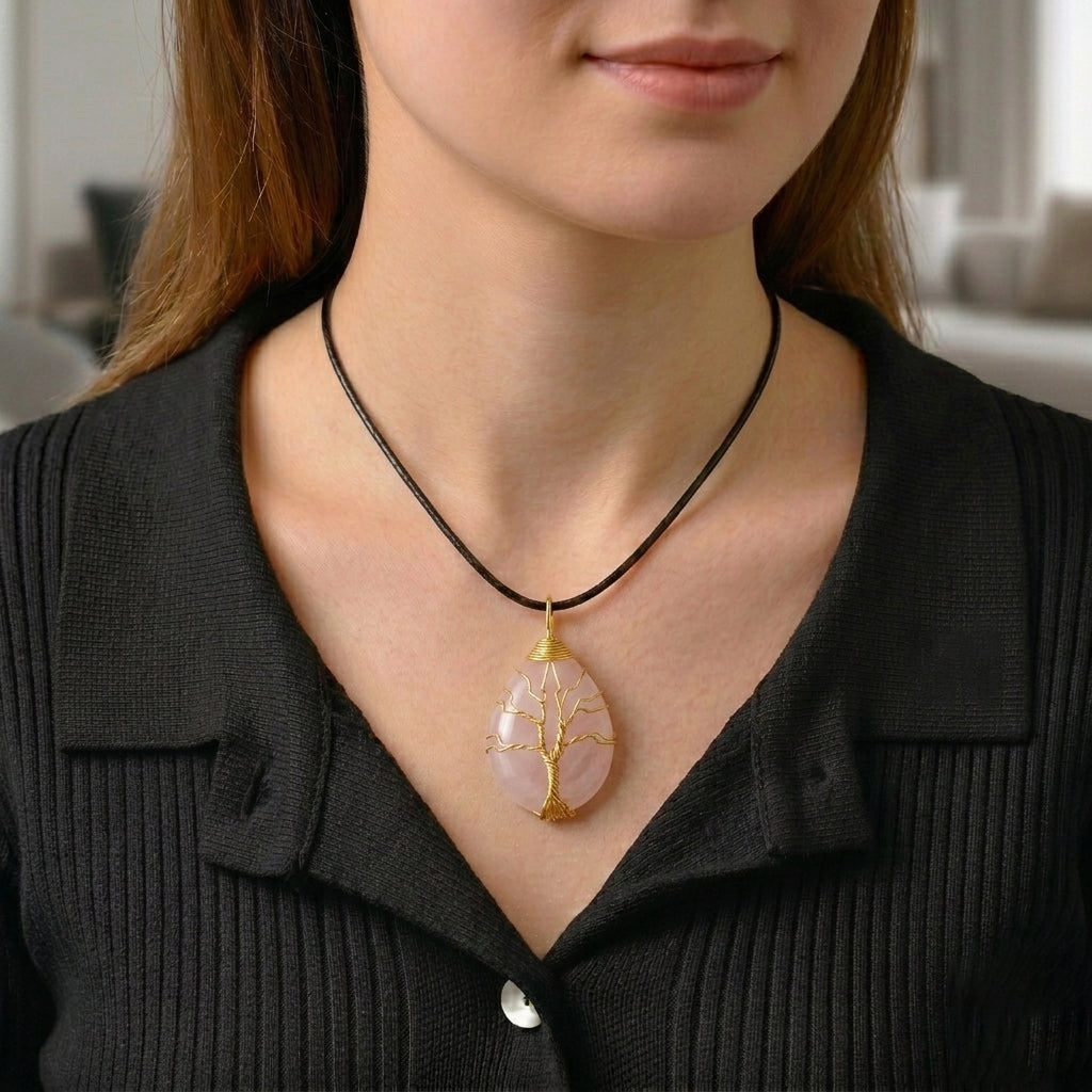 Rose Quartz Tree of Life Adjustable Drop Necklace (Size - 17.5-2 Ext) 45.00 Ct. V32353997 3