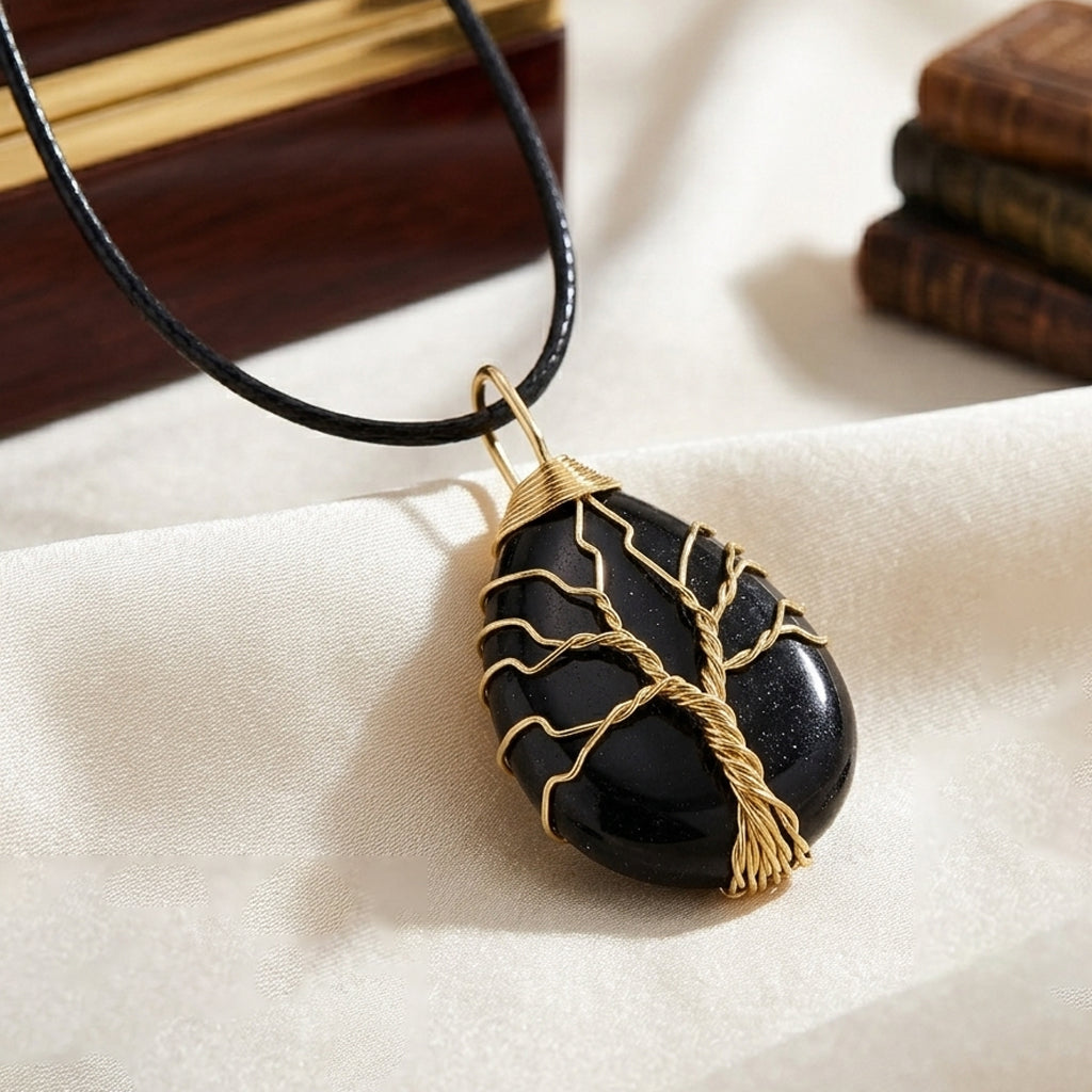 Black Agate Tree of Life Adjustable Drop Necklace (Size - 17.5-2 Ext) 45.00 Ct. V32359296 2