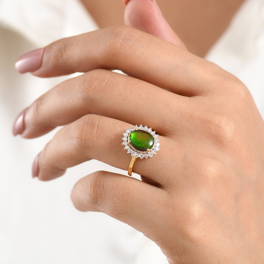 Luxuriant - Ammolite & Lab Grown Diamond (SI/G-H) Halo Ring in 18K Vermeil Yellow Gold Plated Sterling Silver 2.60 Ct._8577559_1