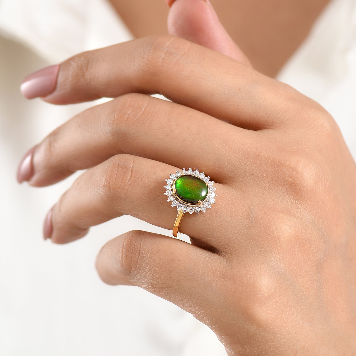Luxuriant - Ammolite &amp; Lab Grown Diamond (SI-G-H) Halo Ring in 18K Vermeil Yellow Gold Plated Sterling Silver 2.60 Ct. 8577559 2
