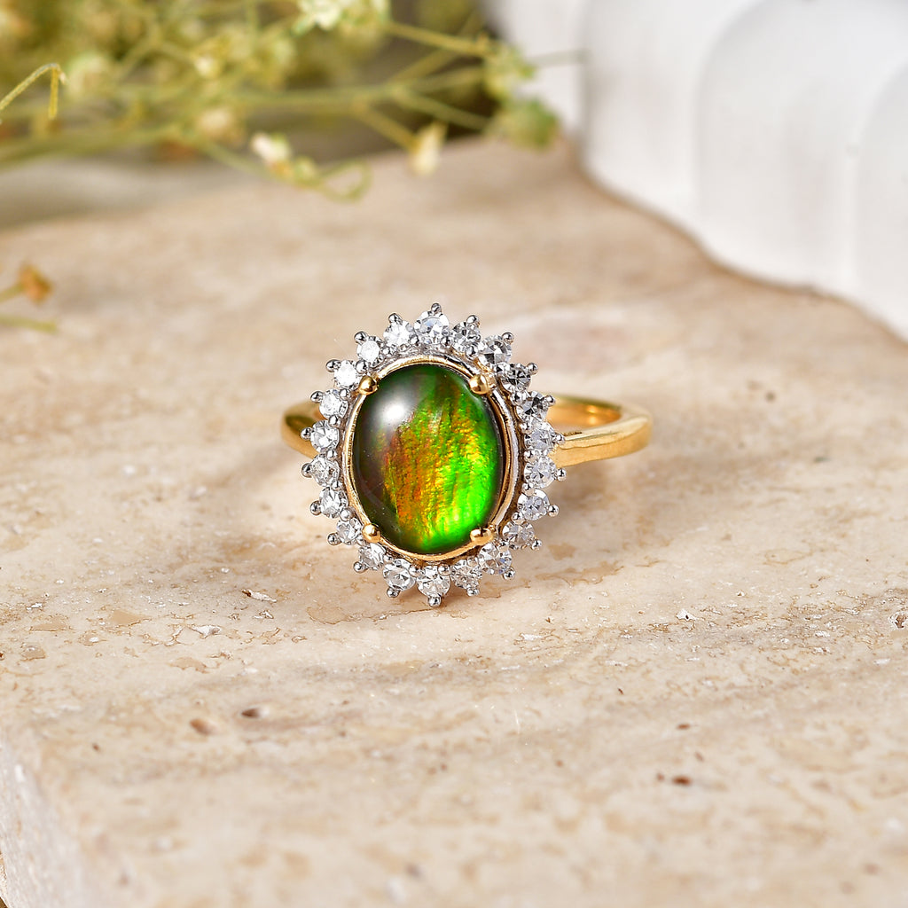 Luxuriant - Ammolite & Lab Grown Diamond (SI/G-H) Halo Ring in 18K Vermeil Yellow Gold Plated Sterling Silver 2.60 Ct._8577559_2