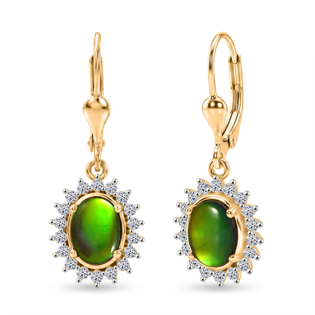 Luxuriant - Ammolite & Lab Grown Diamond (SI/G-H) Halo Earring with Lever Back in 18K Vermeil Yellow Gold Plated Sterling Silver 2.84 Ct._8577569