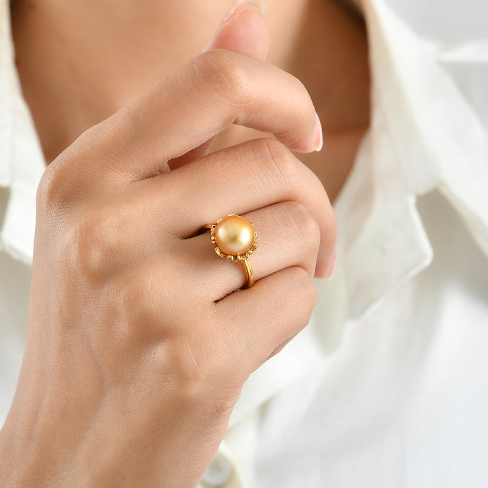 D'Joy - Premium Golden South Sea Pearl (9-11mm) &amp; White Zircon Halo Ring in 18K Vermeil Yellow Gold Plated Sterling Silver 8.60 Ct. 8577591 2